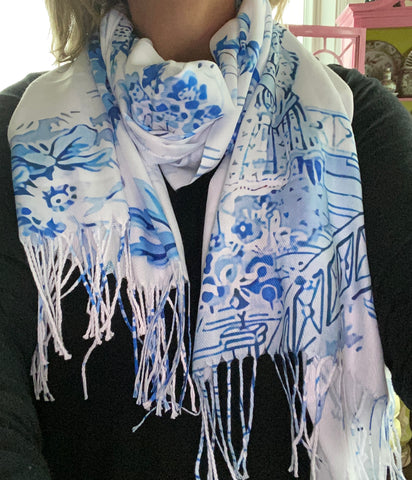 Blue and White Chinoiserie fringed scarf, wrap, shawl
