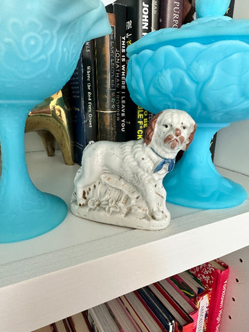 Vintage Staffordshire White dog with Blue Ribbon Figurine