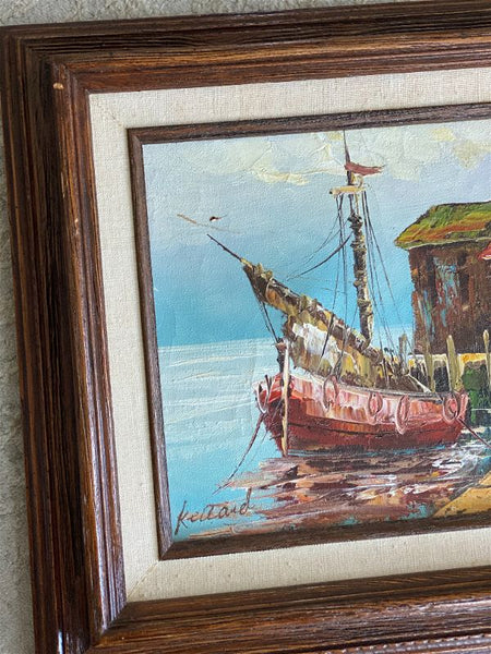 Vintage Boats coastal oil painting, signed and framed