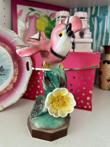 Vintage Pink Bird on Flower Figurine