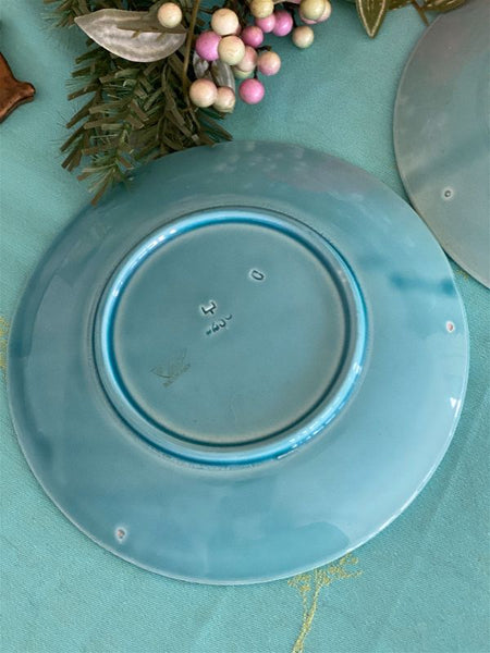 Vintage Dessert / Salad Plates German Majolica stamped pair of turquoise basket weave berry and leaf