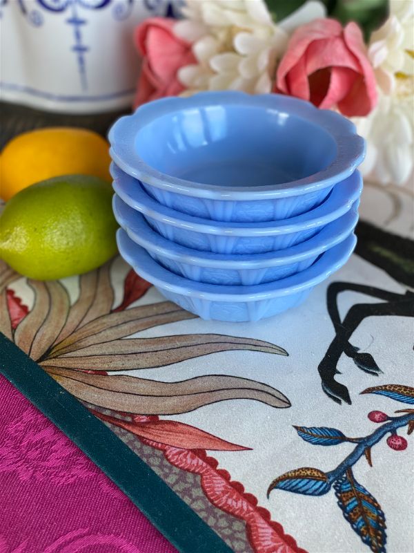 Delphite cherry blossom  blue bowls, set of 4 jeanette glass Co.