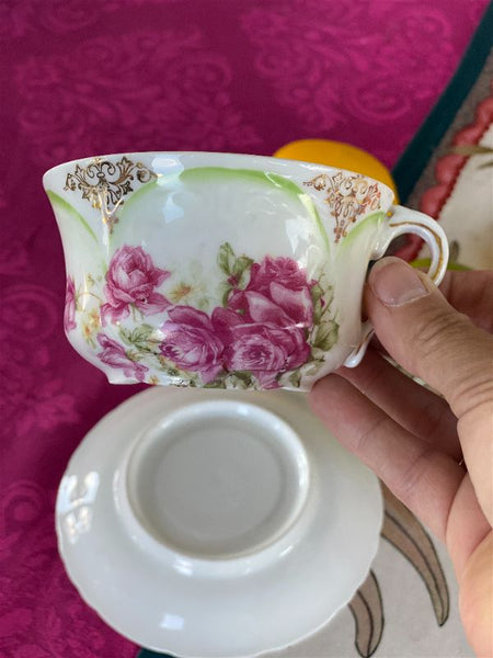 Rare bone china Pink Rose and Green tea cup and saucer