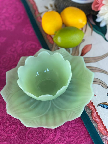 Vintage Jadeite Glass Lotus Leaf Plate and Bowl