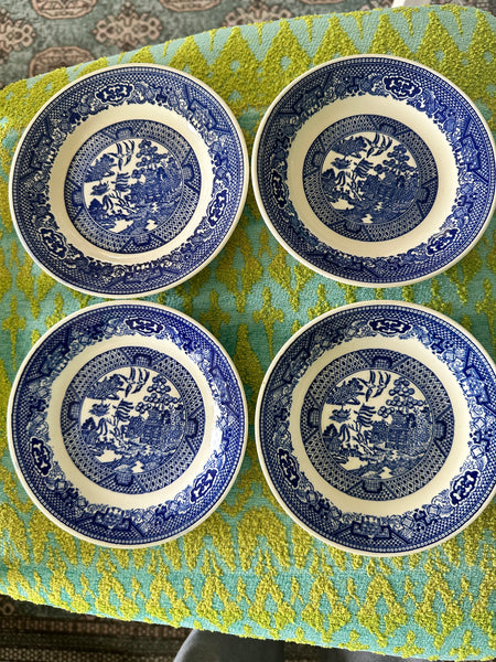 Blue Willow Dessert Plates, 3 Willow Ware, 1 USA pottery, Set of 4