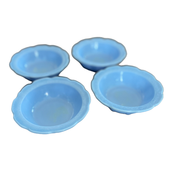 Delphite cherry blossom  blue bowls, set of 4 jeanette glass Co.