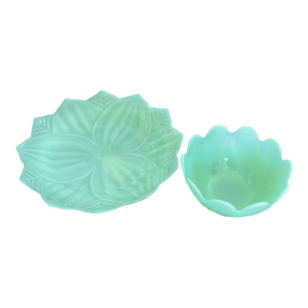 Vintage Jadeite Glass Lotus Leaf Plate and Bowl