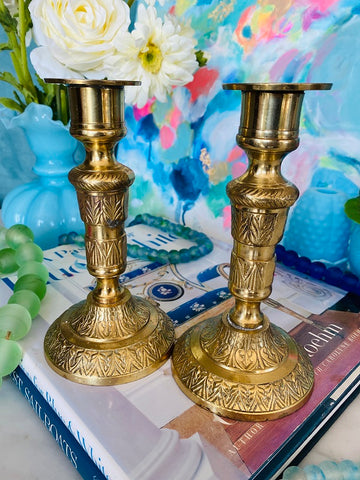 Vintage Brass Candlesticks Pair Detailed Etched Design