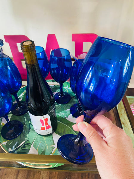Vintage Wine Glasses Cobalt Blue Chinoiserie Glassware