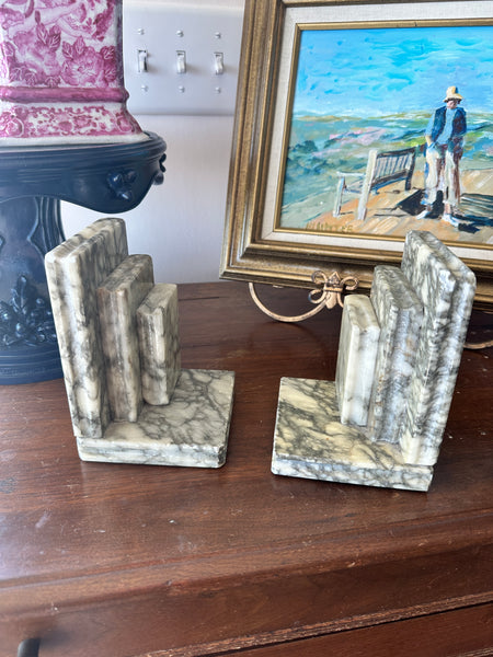 Vintage Marble Bookends, Books Stacked