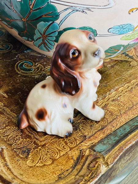 Vintage Dog Figurine Spotted Brown and Cream from Japan (Dark Brown Puppy Eyes)