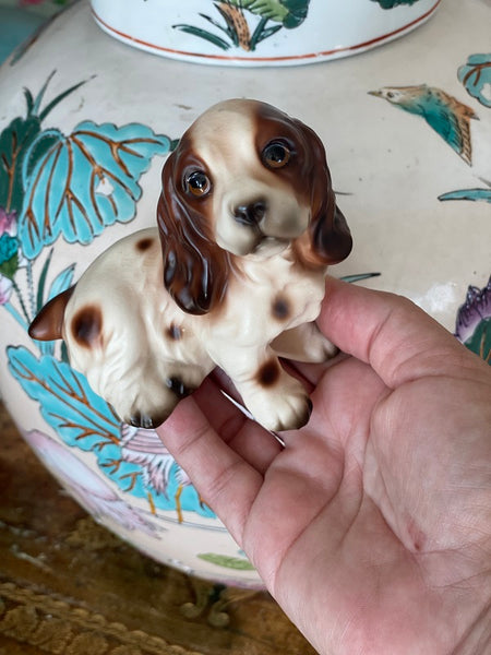 Vintage Dog Figurine Spotted Brown and Cream from Japan (Dark Brown Puppy Eyes)