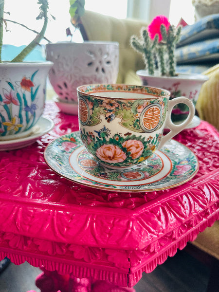 Antique Tea Cup and Saucer, Rose Medallion China