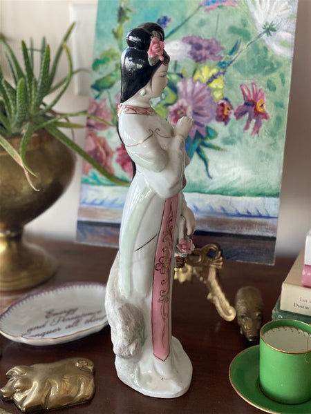 White porcelain Geisha girl with delicate compodimonte flowers and pink and gold accents