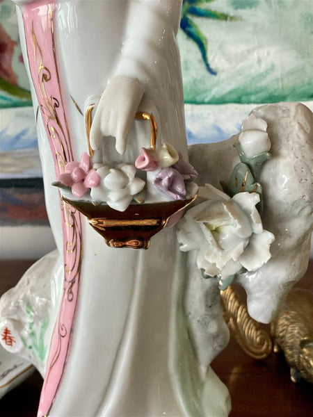 White porcelain Geisha girl with delicate compodimonte flowers and pink and gold accents
