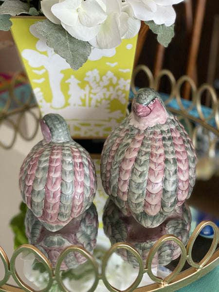 Pair of Vintage purple and green Toyo quail figurines
