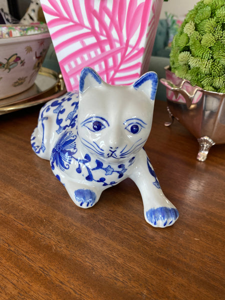 Vintage Cat Figurine, Blue and White Chinoiserie,  Ceramic