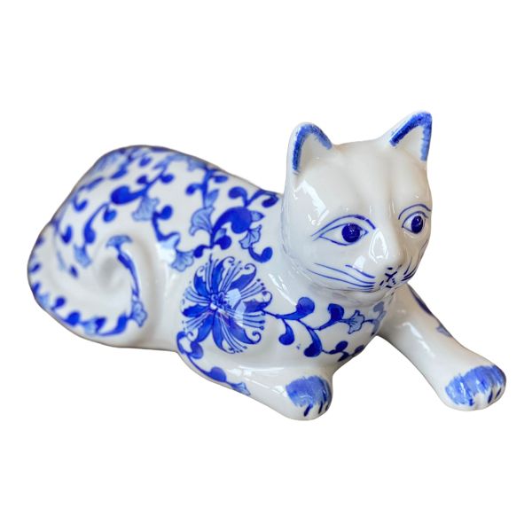 Vintage Cat Figurine, Blue and White Chinoiserie,  Ceramic