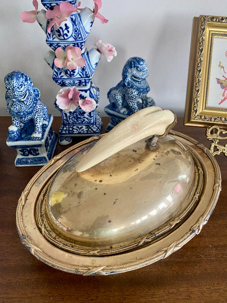Vintage Brass Lidded Dish with Boar's Tusk Handle