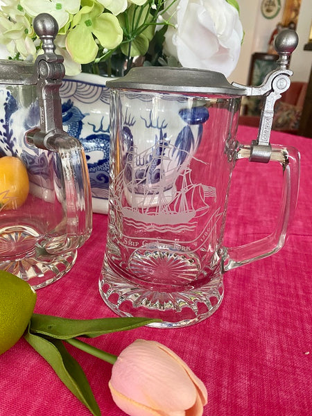 Etched Glass Pewter Steins Set of Salem Ship Grand Turk