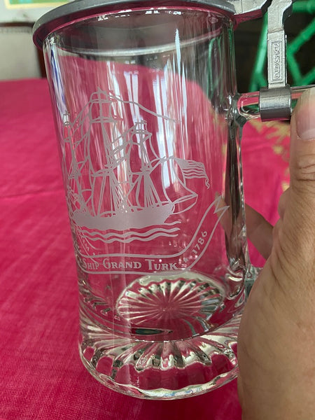 Etched Glass Pewter Steins Set of Salem Ship Grand Turk