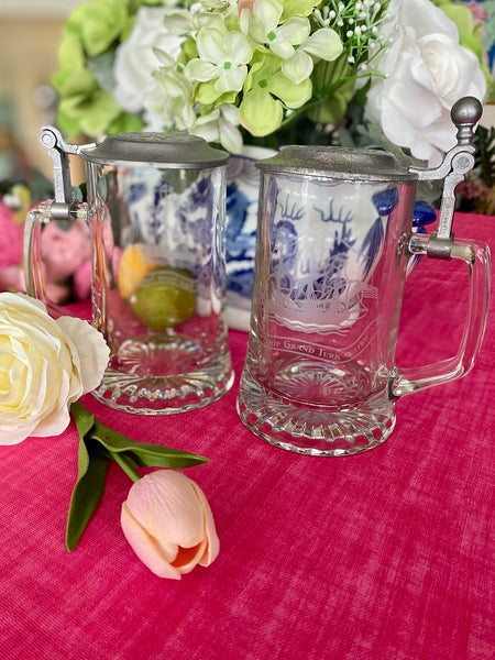 Etched Glass Pewter Steins Set of Salem Ship Grand Turk