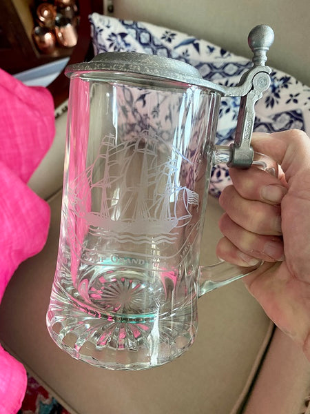 Etched Glass Pewter Steins Set of Salem Ship Grand Turk