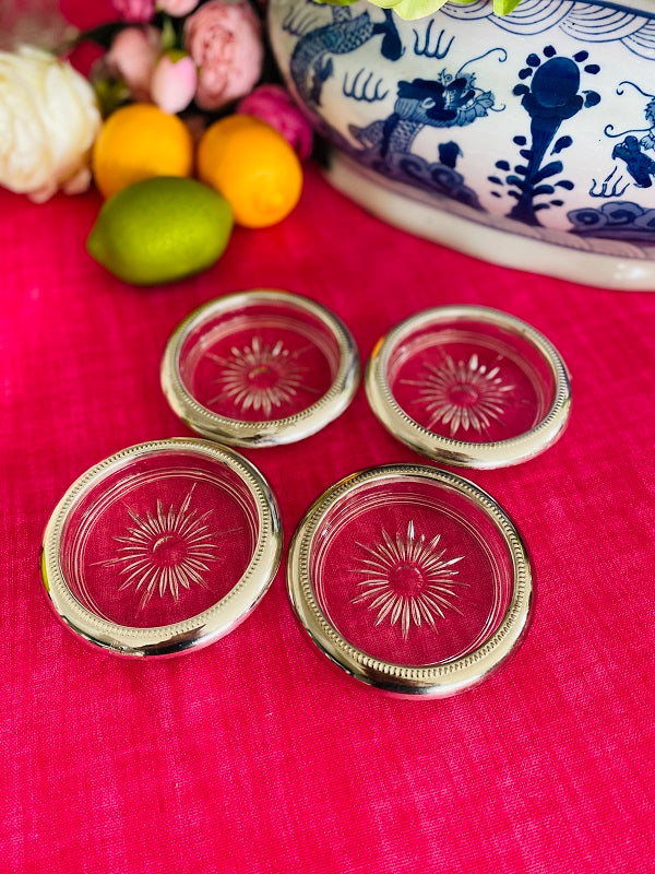 Vintage Coasters Silver and Glass set of 4