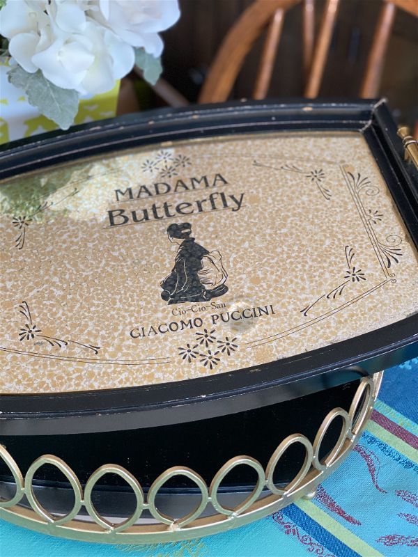 Madame Butterfly Tray, Gold Interior, Black Graphics, Metal Handles, Vintage