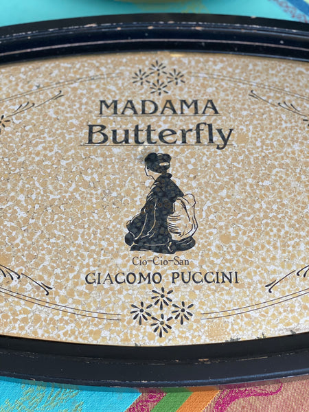 Madame Butterfly Tray, Gold Interior, Black Graphics, Metal Handles, Vintage