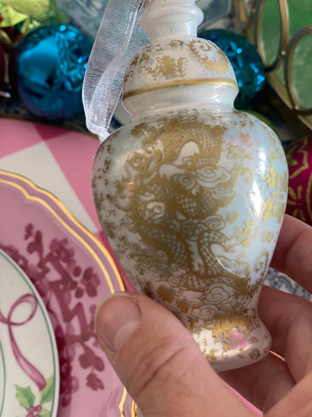 Ginger Jar Glass Christmas Ornament - Gold and White Dragon Motif
