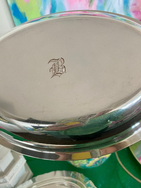 Vintage Silverplate Covered Dish, Monogram "B", 2 Handled Top, Scallop Edged Bottom