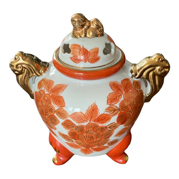 Vintage Japanese Porcelain Orange, White, Gold Sensor with Foo Dog Accent
