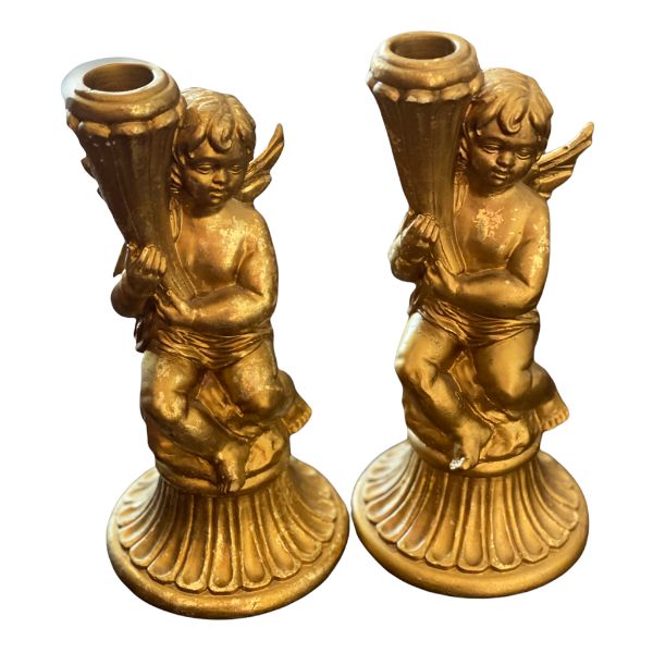 Pair Vintage Gilded gold angel candleholders