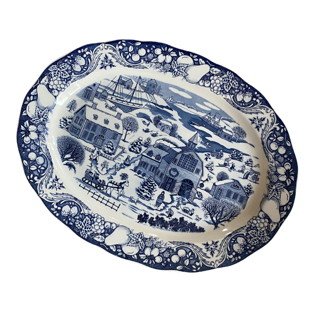Vintage Sanyei China SNY2 Serving Platter, Blue Village Scene with