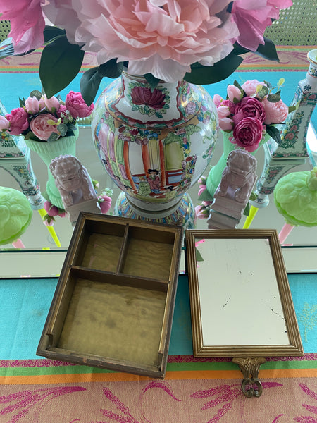 Antique Wooden French Mirror Jewelry Box With Artwork top